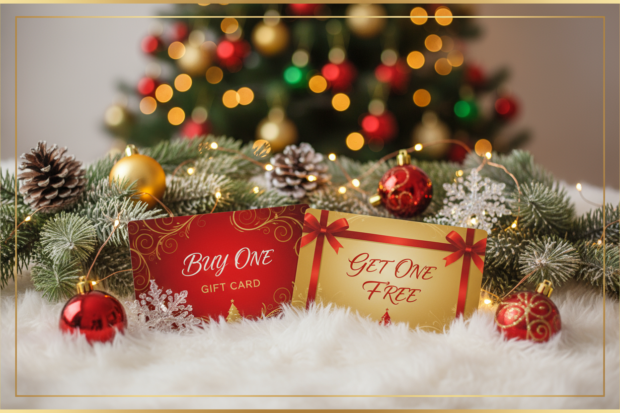 BOGO Gift Card with holiday/christmas background