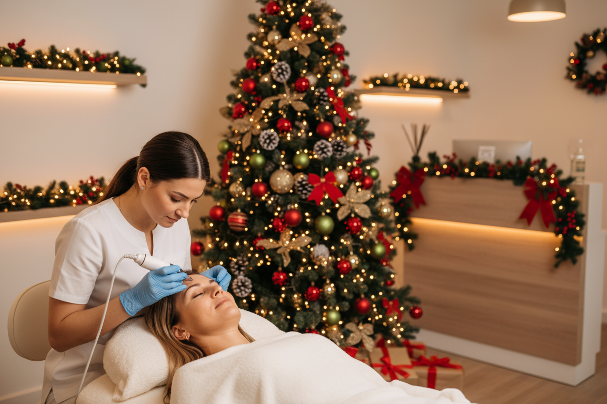 Show microneedling a women with a christmas background